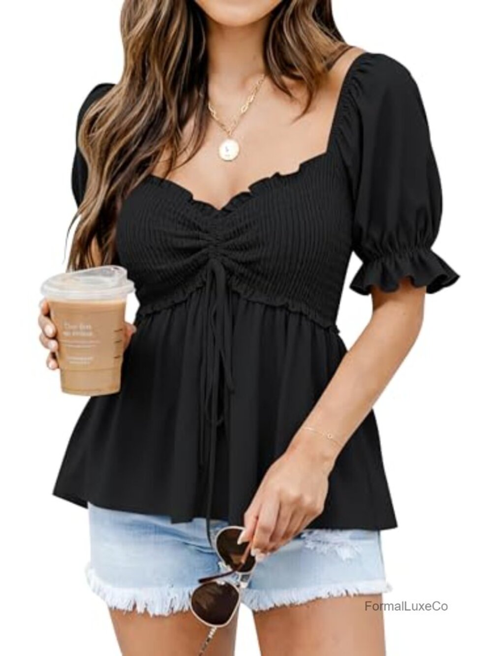 Women's Peplum Top Puff Short Sleeve Babydoll Blouse Smocked Sweetheart Neck